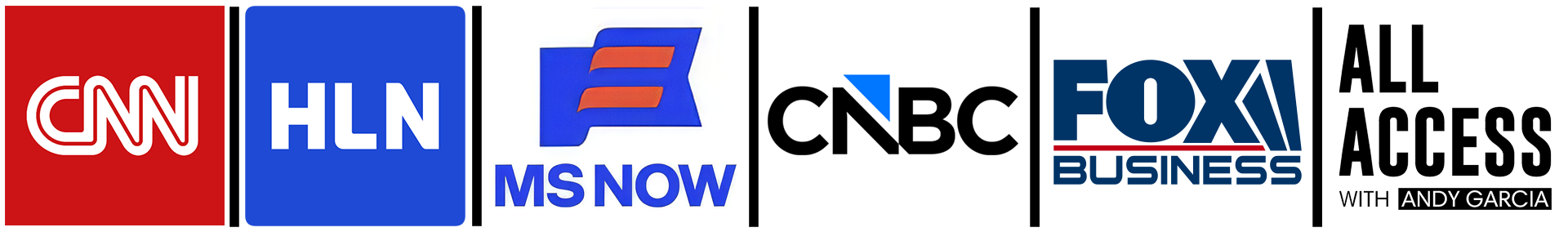 Network television logos for CNN, HLN, MS NOW, CNBC, Fox Business, and All Access with Andy Garcia.